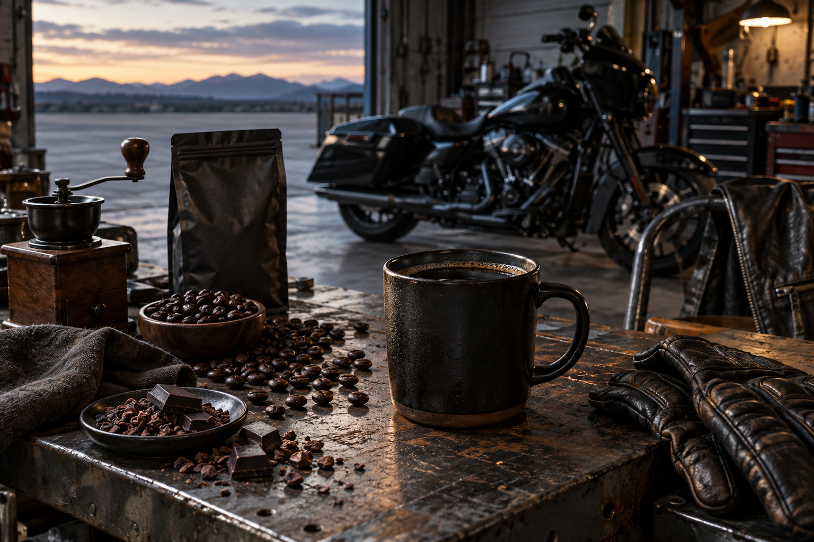 Black coffee, dark-roasted beans and riding gloves on a worn garage bench with a motorcycle behind them
