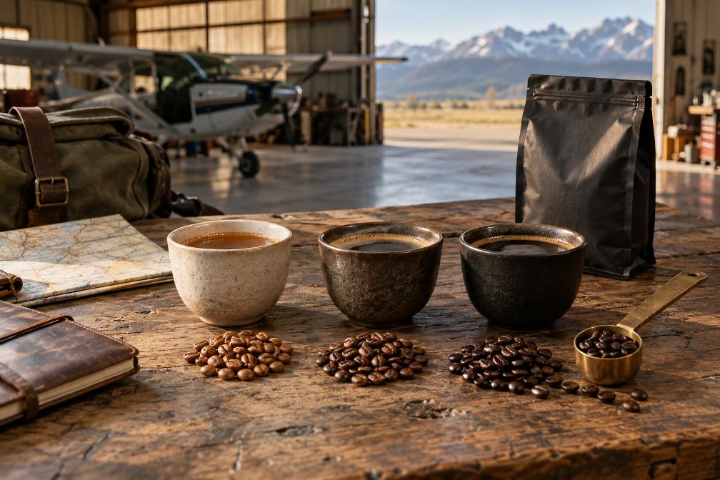 Three cups and three shades of roasted coffee beans on a weathered hangar workbench at sunrise