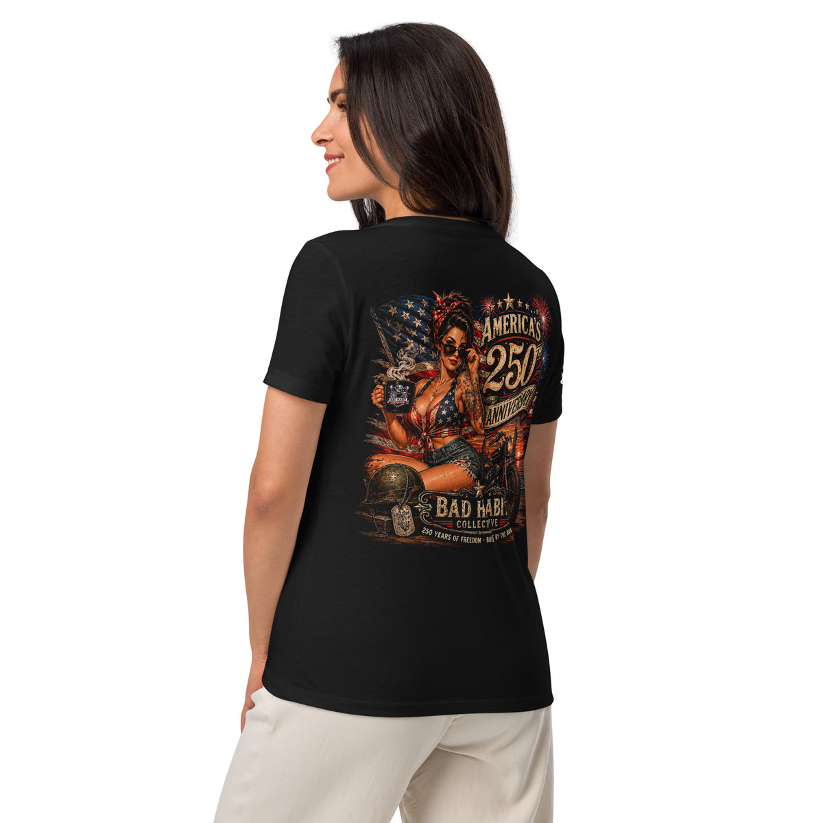 Freedom Ride™ Women’s V-Neck | America 250th Anniversary Patriotic Pinup T-Shirt | Bad Habit Collective